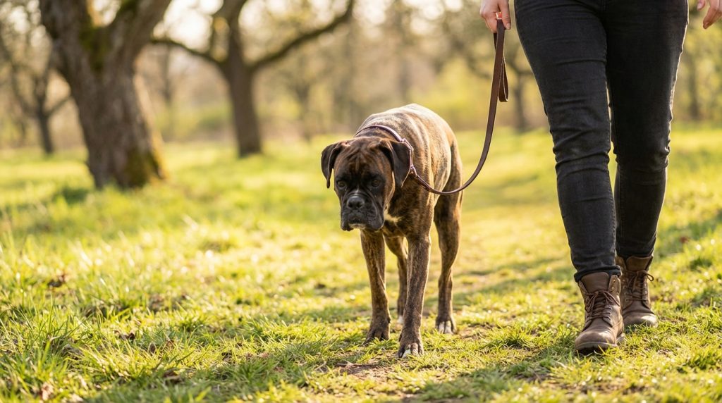 chien qui marche en laisse dans la nature avec son maitre